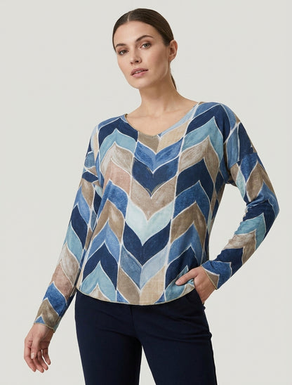 Pull fin imprimé chevron fantaisie - Marine