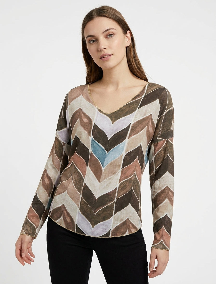 Pull fin imprimé chevron fantaisie - Marron