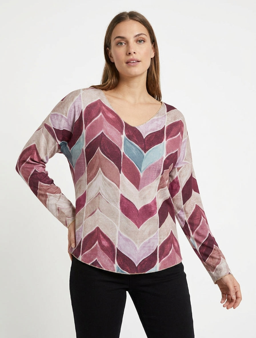 Pull fin imprimé chevron fantaisie - Prune