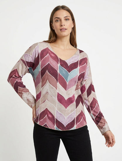 Pull fin imprimé chevron fantaisie - Prune