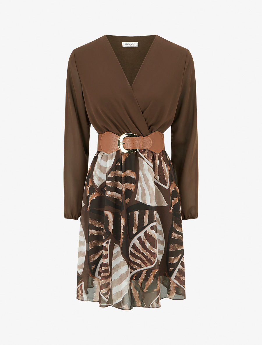 Robe évasée à imprimé feuilles abstraites - Marron - 1