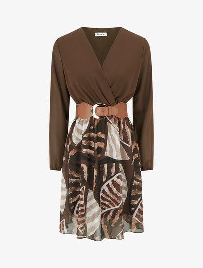 Robe évasée à imprimé feuilles abstraites - Marron - 1