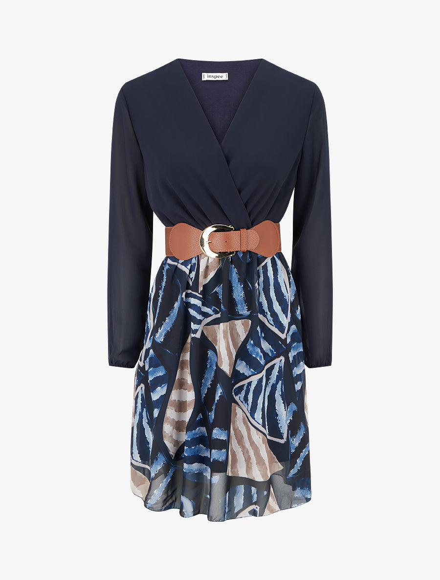 Robe évasée à imprimé feuilles abstraites - Marine - 1