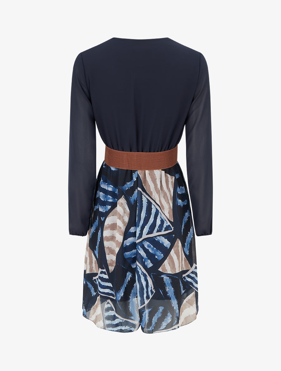 Robe évasée à imprimé feuilles abstraites - Marine - 2
