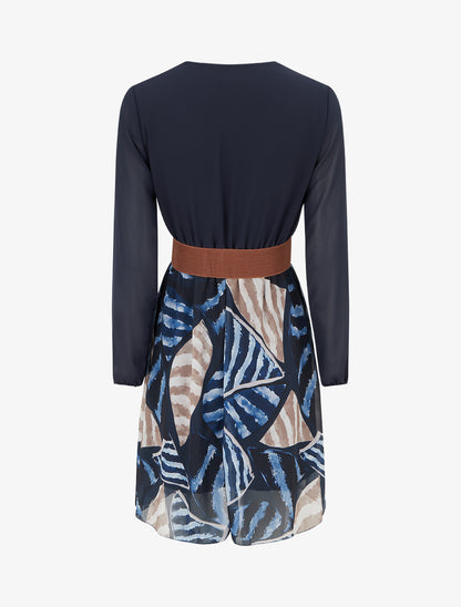 Robe évasée à imprimé feuilles abstraites - Marine - 2