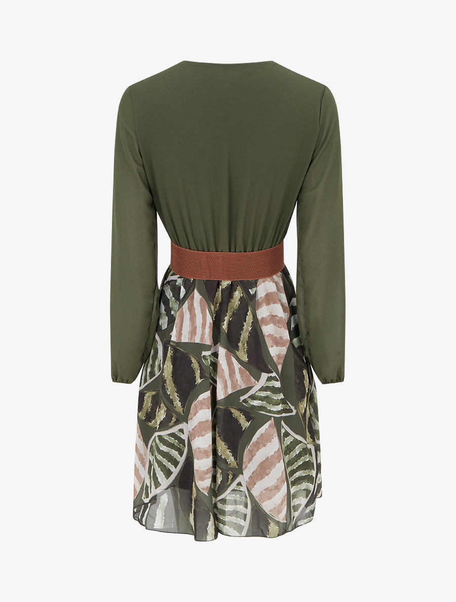 Robe évasée à imprimé feuilles abstraites - Kaki - 2