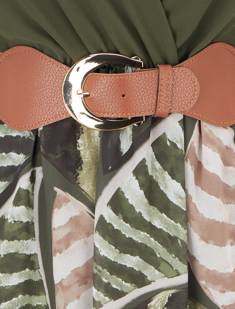 Robe évasée à imprimé feuilles abstraites - Kaki - 3