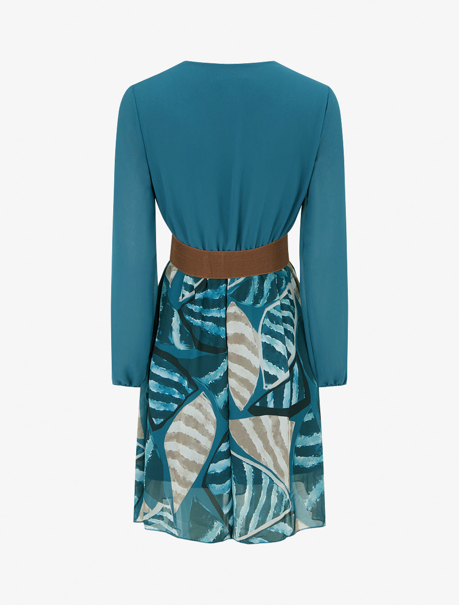Robe évasée à imprimé feuilles abstraites - Bleu canard - 2
