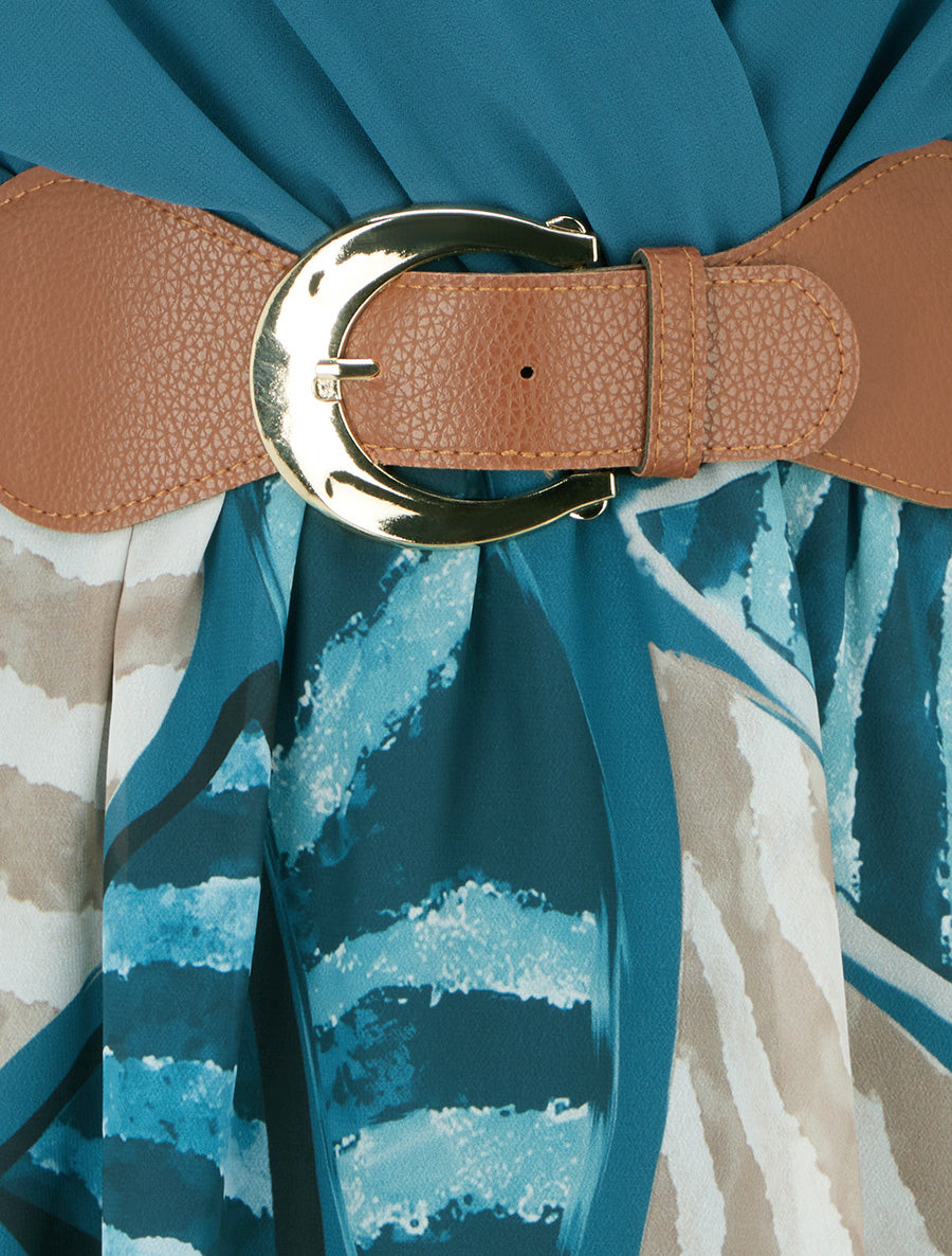 Robe évasée à imprimé feuilles abstraites - Bleu canard - 3