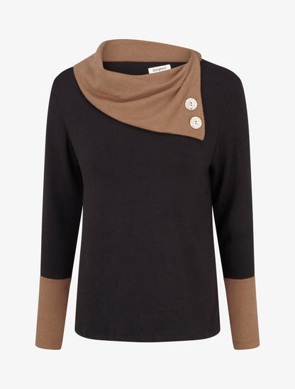 Pull fin bicolore à col drapé asymétrique - Noir/camel - 1