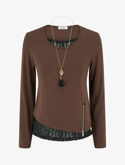 Pull fin à bords en dentelle et zip décoratif - Marron - 1