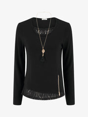 Pull fin à bords en dentelle et zip décoratif - Noir - 1