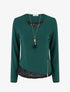 Pull fin à bords en dentelle et zip décoratif - Vert foncé - 1