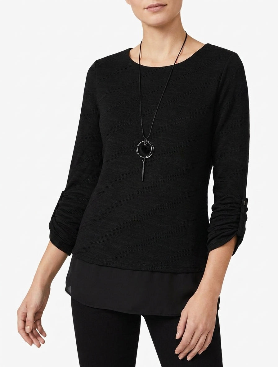Pull texturé à col rond et doublure apparente - Noir