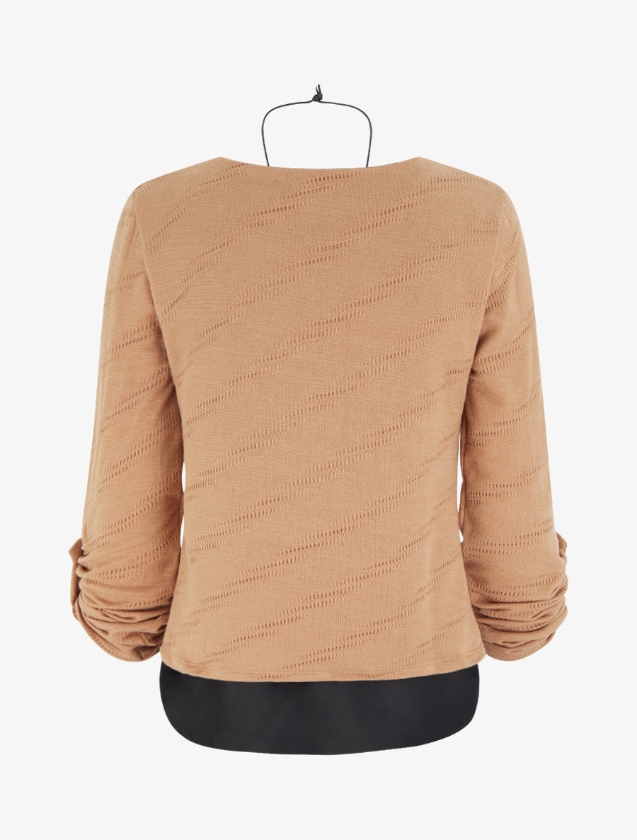 Pull texturé à col rond et doublure apparente - Camel - 2