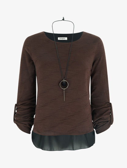 Pull texturé à col rond et doublure apparente - Marron - 1