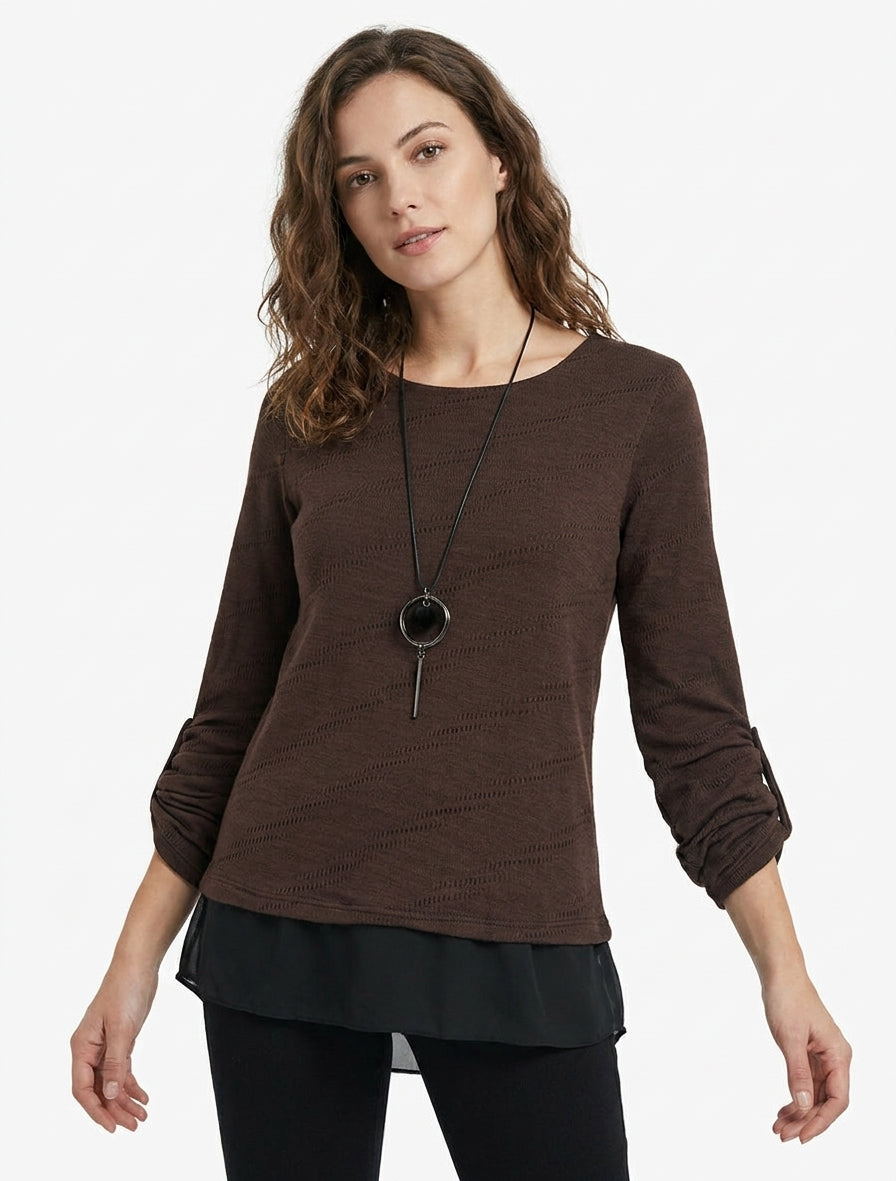 Pull texturé à col rond et doublure apparente - Marron