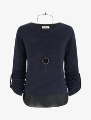 Pull texturé à col rond et doublure apparente - Marine - 1