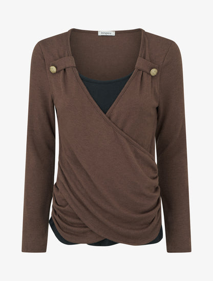 Pull fin uni à boutons décoratifs - Marron - 1