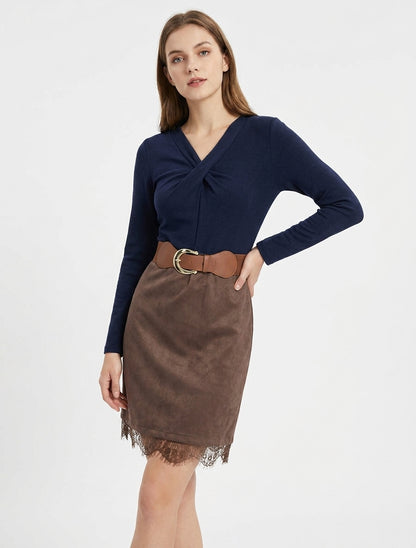 Robe droite en maille et suédine à bords en dentelle - Marron/marine