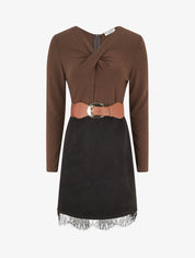 Robe droite en maille et suédine à bords en dentelle - Marron/noir - 1