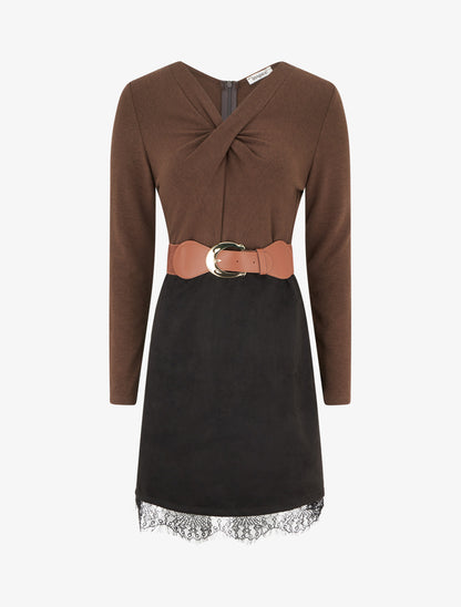 Robe droite en maille et suédine à bords en dentelle - Marron/noir - 1