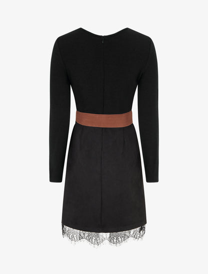 Robe droite en maille et suédine à bords en dentelle - Noir - 2