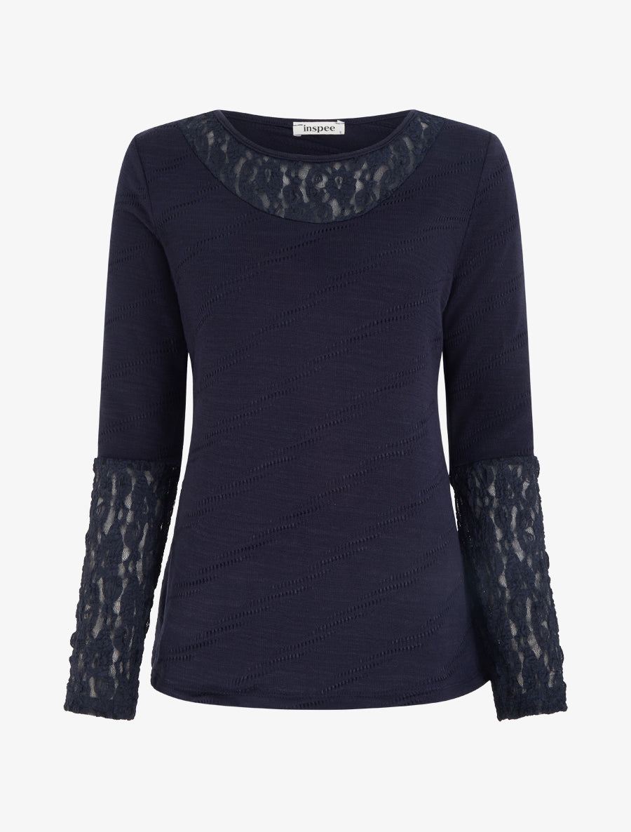 Pull droit à col et manches en dentelle - Marine - 1