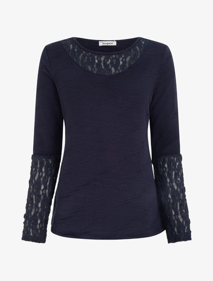 Pull droit à col et manches en dentelle - Marine - 1