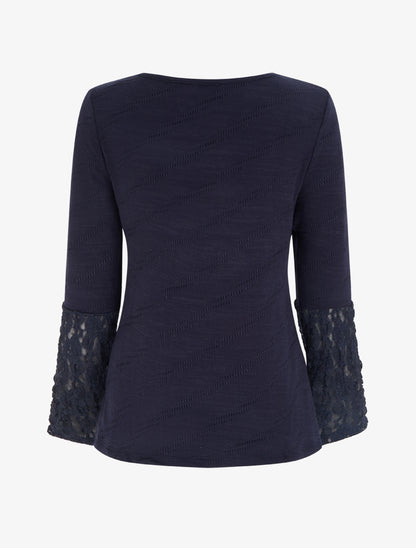 Pull droit à col et manches en dentelle - Marine - 2