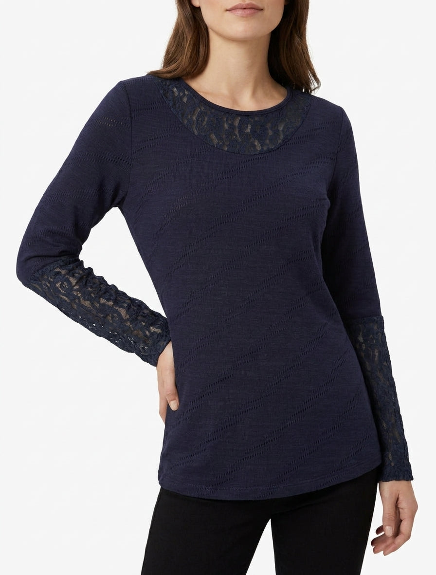 Pull droit à col et manches en dentelle - Marine