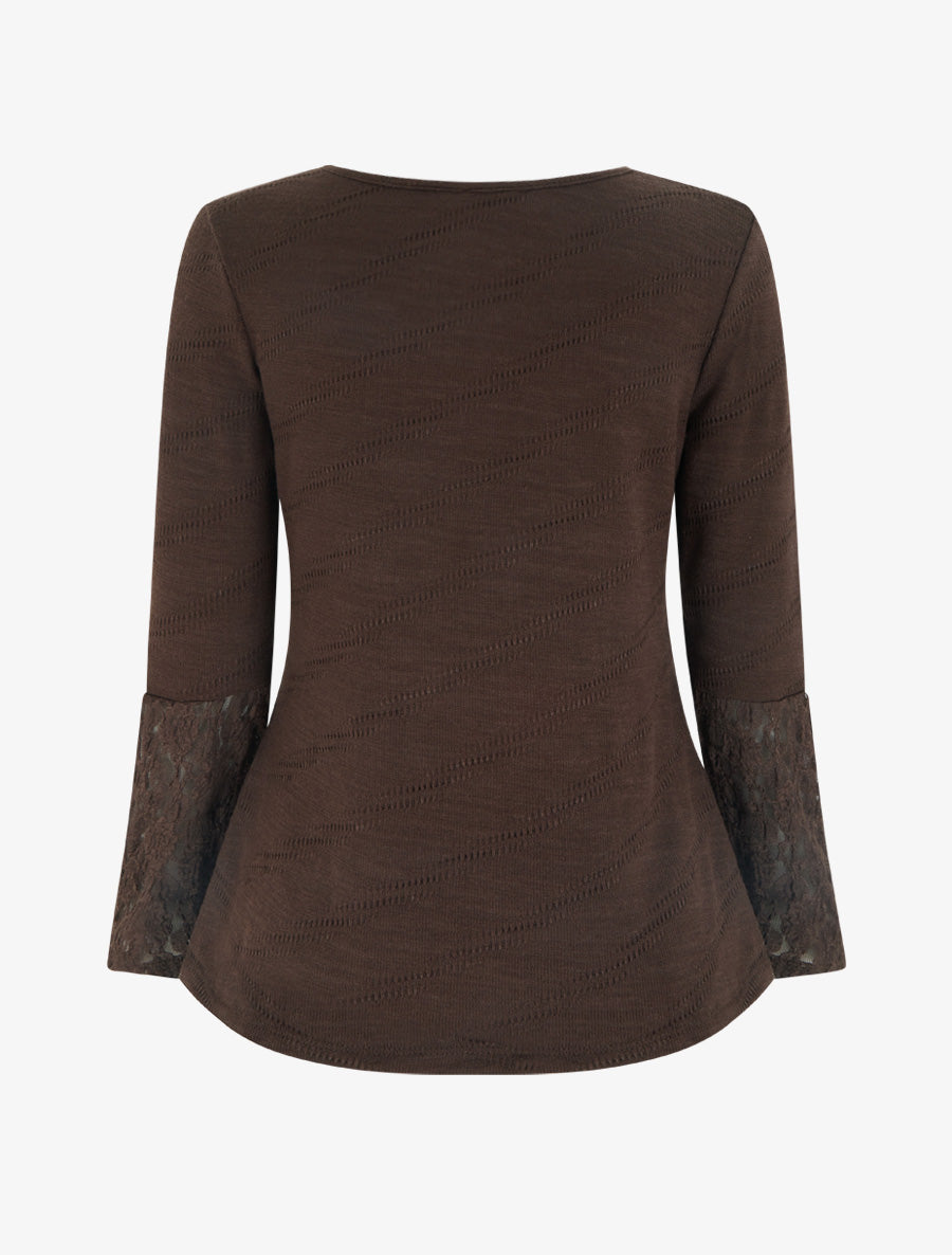 Pull droit à col et manches en dentelle - Marron - 2