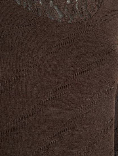 Pull droit à col et manches en dentelle - Marron - 3