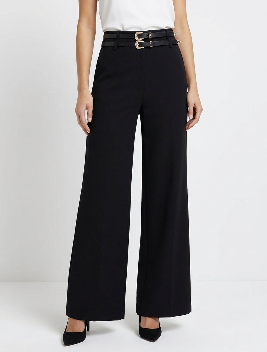 Hoge taille wijde broek met dubbele riemen - Zwart