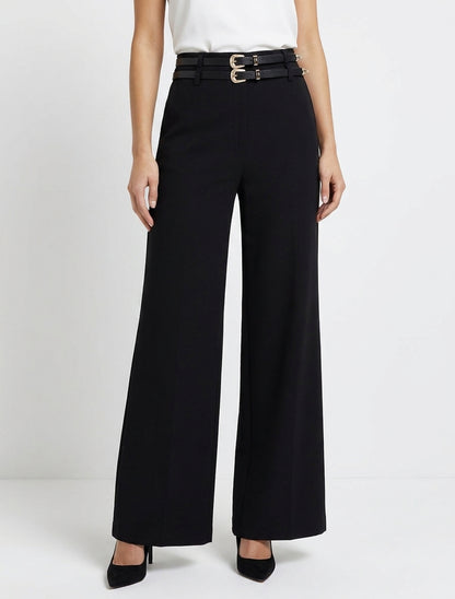 Hoge taille wijde broek met dubbele riemen - Zwart