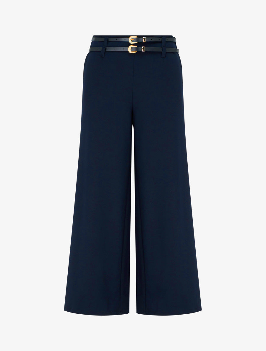 Pantalon ample taille haute à double ceintures - Marine - 1