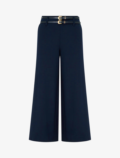 Pantalon ample taille haute à double ceintures - Marine - 1