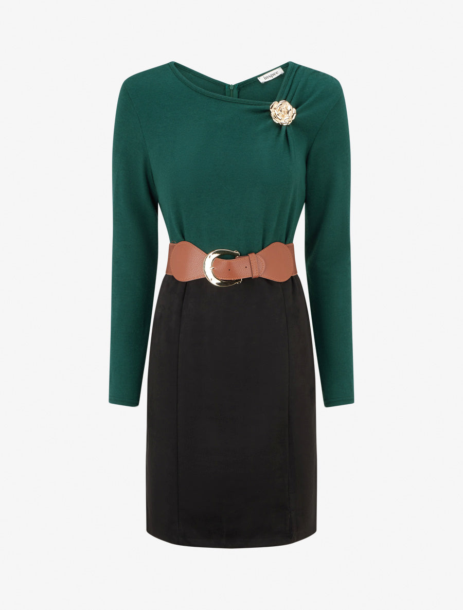 Robe bimatière coupe droite - Vert foncé - 1