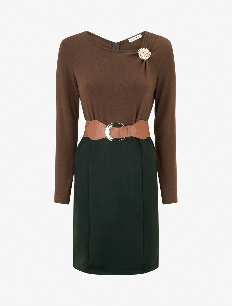 Robe bimatière coupe droite - Marron - 1