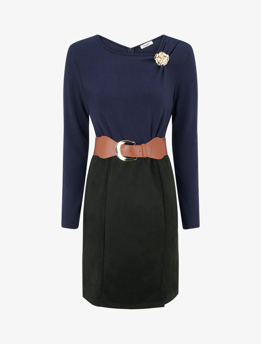 Robe bimatière coupe droite - Marine - 1