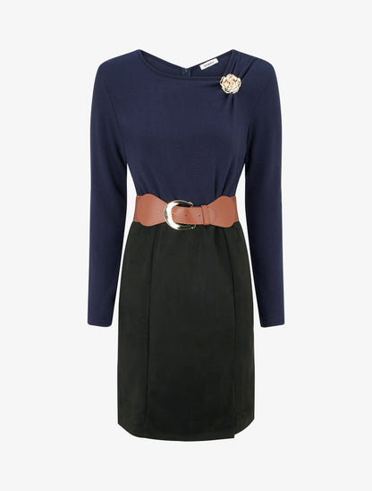 Robe bimatière coupe droite - Marine - 1