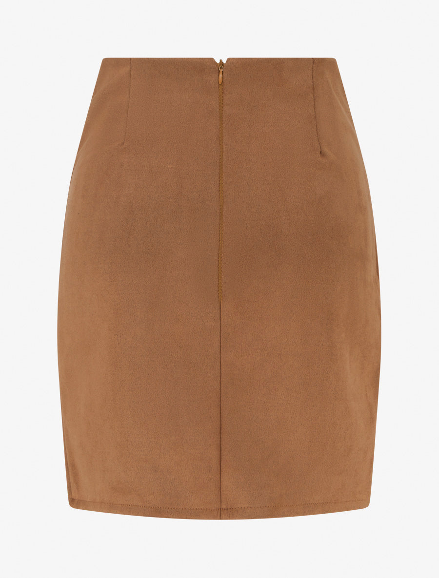 Jupe style portefeuille en suédine à boutons - Camel - 2