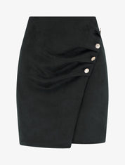Jupe style portefeuille en suédine à boutons - Noir - 1