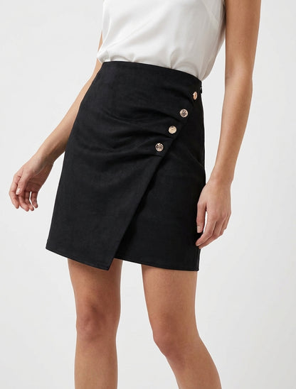 Jupe style portefeuille en suédine à boutons - Noir