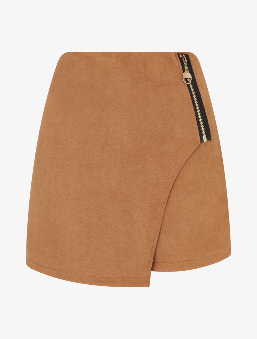 Jupe-short en suédine style portefeuille à zip - Camel - 1
