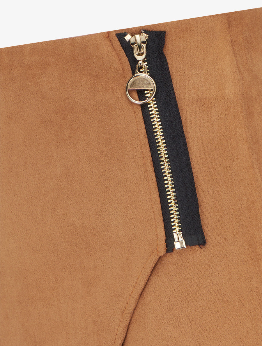 Jupe-short en suédine style portefeuille à zip - Camel - 3
