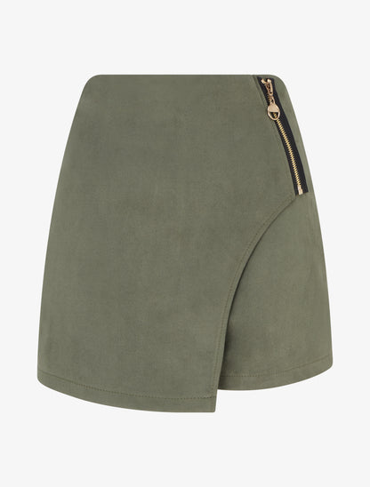 Jupe-short en suédine style portefeuille à zip - Kaki - 1