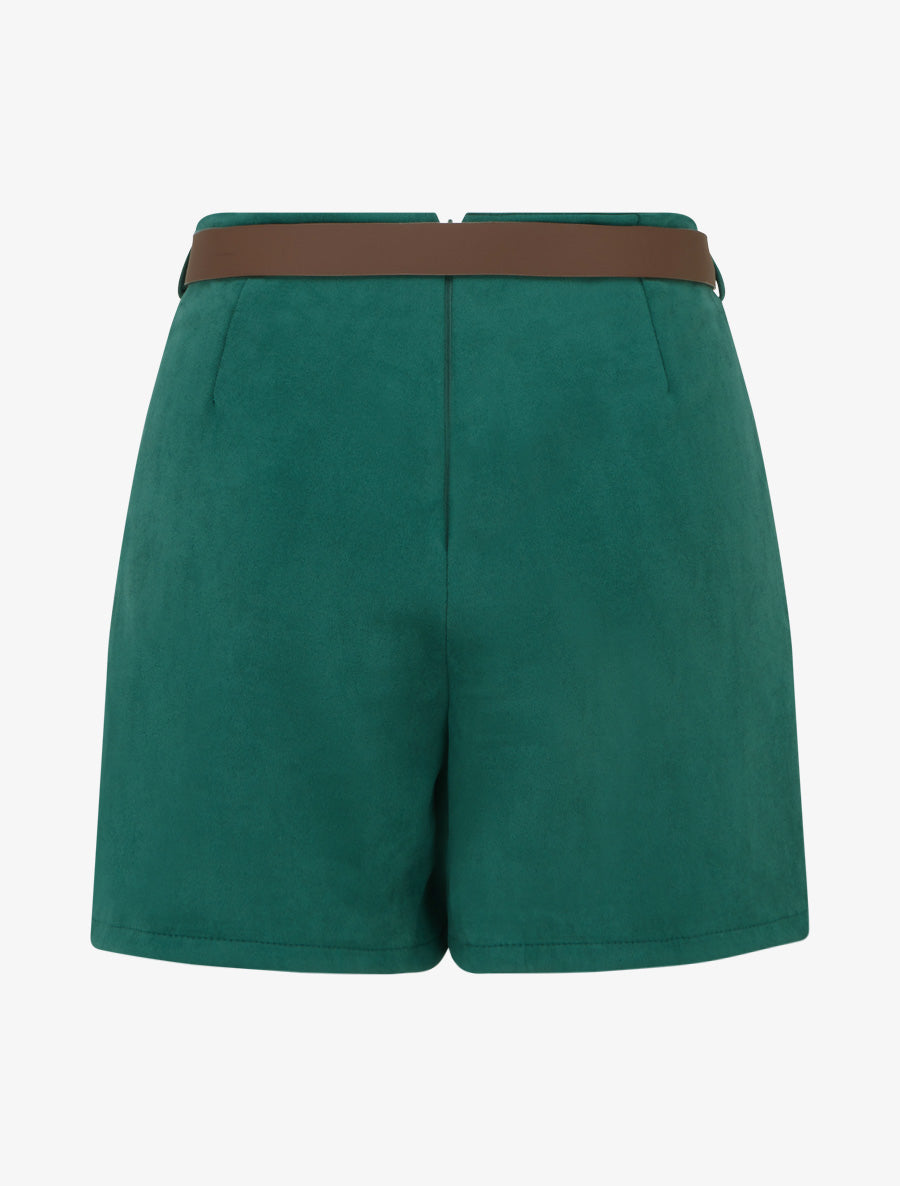 Jupe-short portefeuille en suédine à ceinture - Vert foncé - 2