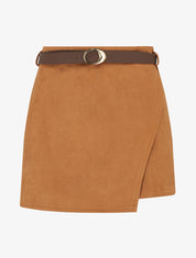 Jupe-short portefeuille en suédine à ceinture - Camel - 1