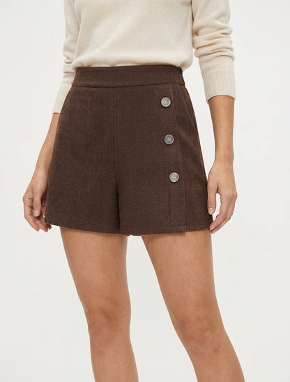 Short en feutrine à taille haute et boutons décoratifs - Marron